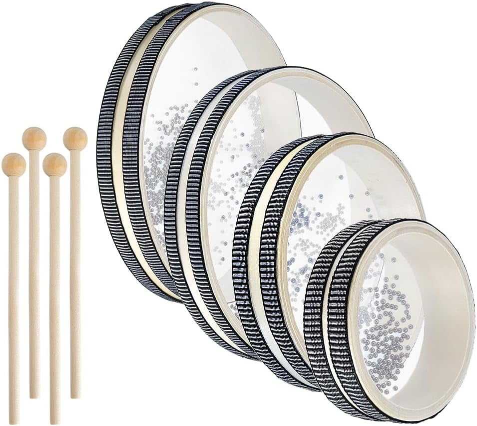 4Pcs Ocean Drums with 4Pcs Wood Drumstick 4/6/8/10 Inch Wave Bead Drums Sea Sound Drum with Wave Beads Sea Sound Musical Percussion