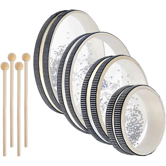 4Pcs Ocean Drums with 4Pcs Wood Drumstick 4/6/8/10 Inch Wave Bead Drums Sea Sound Drum with Wave Beads Sea Sound Musical Percussion