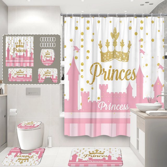 4Pcs Ocean Mermaid Shower Curtain Cartoon Fish Scale Wave Nautical