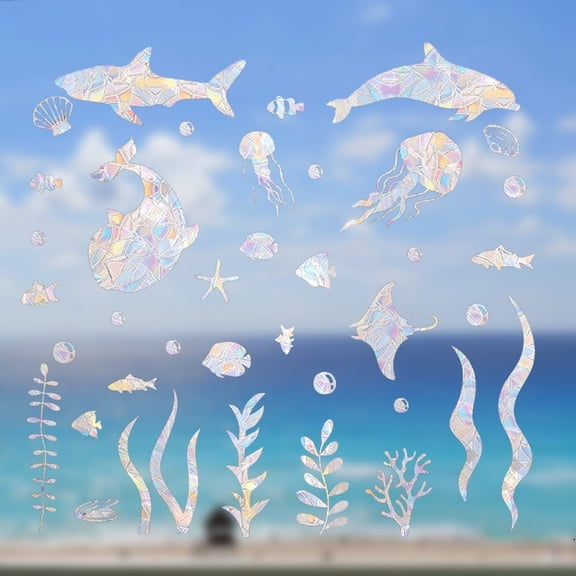 4Pcs Ocean Rainbow Window Clings Sea Glass Stickers Whales Marine Life Jellyfish Windows Suncatchers Decals Prevent Bird for DIY Making