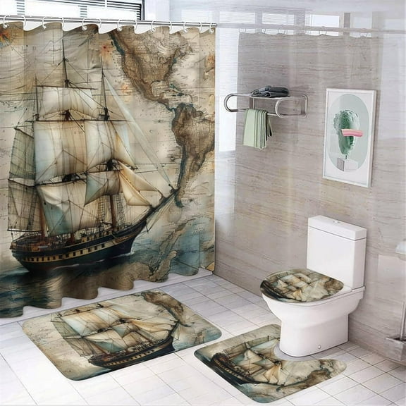 4Pcs Ocean Sailboat Nautical Shower Curtain Set with Rugs, Toilet Lid Cover and Bath Mat, Retro Abstract World Map Bathroom Curtains Decor Shower Curtains, 72" x 72"