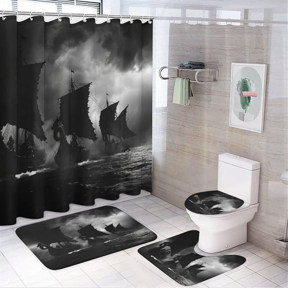 4Pcs Ocean Sailboat Shower Curtain Set with Toilet Lid Cover U-Shaped Mat and Non-Slip Rugs, Ancient Ship Black Cloud Shower Curtain Bathroom Decor Set, 72" x 72"