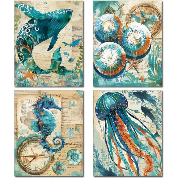 4Pcs Ocean Wall Art Whale Seahorse Jellyfish Prints Canvas Poster Vintage Picture Wall Decorations Sea Animals Canvas Wall Art Chemical Fiber Oil for Home Office Bathroom 10x8Inch-Unframed