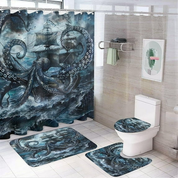 4Pcs Octopus Ship Shower Curtain Set with Toilet Lid Cover Non-Slip Rugs for Bathroom, Horror Ocean Animal Shower Curtain Bathroom Sets with Hooks, 72x72 Inch