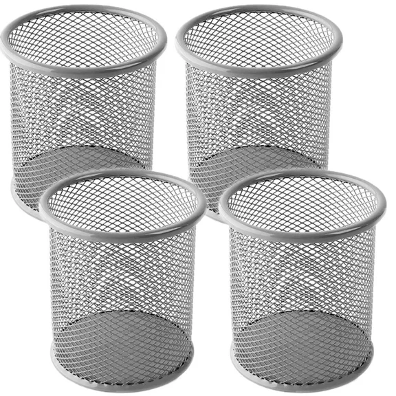 4Pcs Office Round Desk Steel Mesh Pencil Cup Pen Holder Silver Pencil Jar Home
