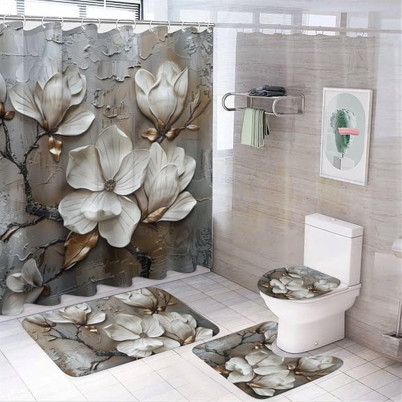 4Pcs Oil Painting Theme Shower Curtain Set with Rugs, Toilet Lid Cover and Bath Mat, Floral Abstract 3D Oil Painting Magnolia Bathroom Curtains Decor Shower Curtains, 72" x 72"