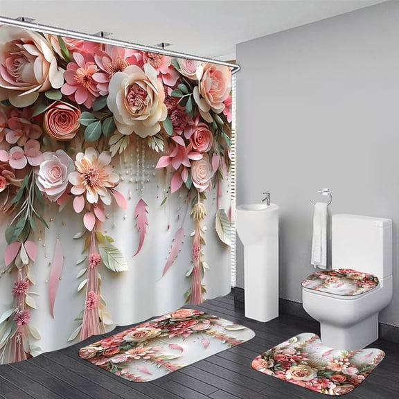 4Pcs One Dragonfly Floral Print Shower Curtain Sets with Rugs, Red and Yellow Flwer Bathroom Decor Set Non-Slip Toilet Bath Mats Bathroom Curtains Shower Set with 12 Hooks