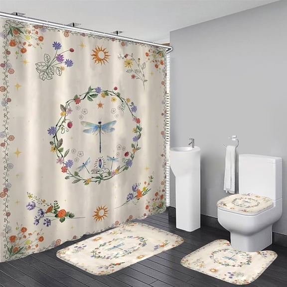 4Pcs One Dragonfly Floral Print Shower Curtain Sets with Rugs, Red and Yellow Flwer Bathroom Decor Set Non-Slip Toilet Bath Mats Bathroom Curtains Shower Set with 12 Hooks
