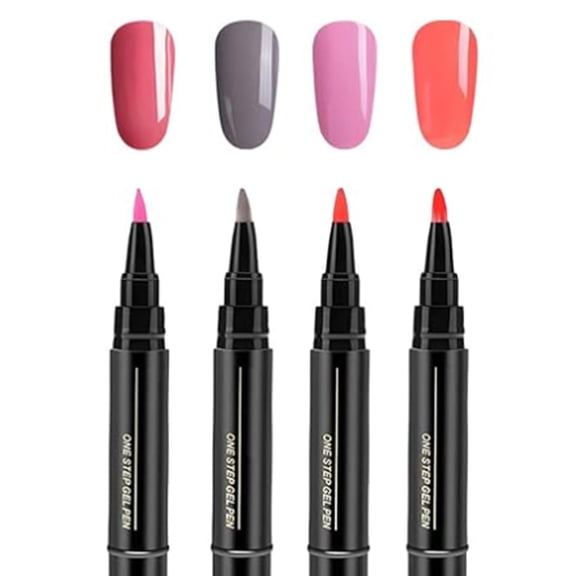 4Pcs One Step Gel Nail Pen Set, Press-On Nail Polish Gel Pen, No Need Base Top Coat UV LED Gel Pen for DIY Manicure Salon Daily Nail Art Design