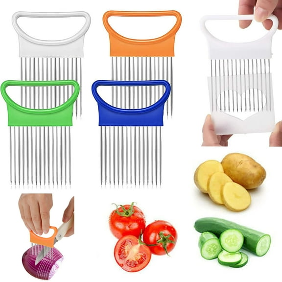 4Pcs Onion Holder Slicer, Stainless Steel Tomato Lemon Potato Vegetable Holder Slicer Cutter Tool for Kitchen Worker Slicing