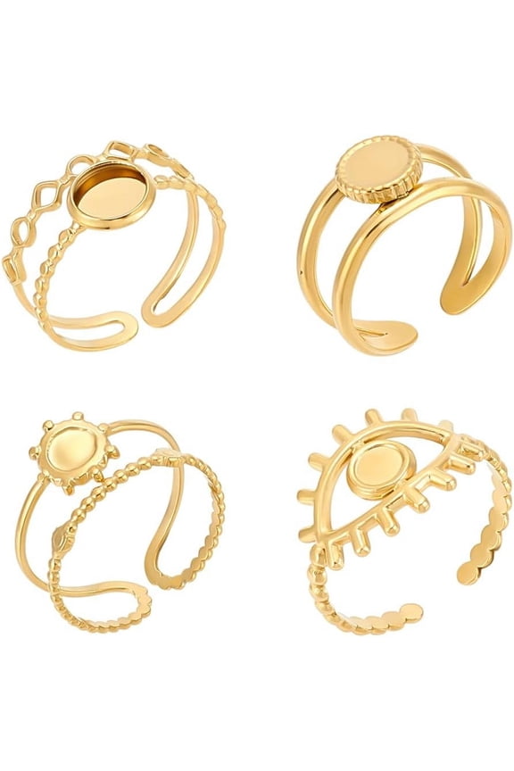 4Pcs Open Cuff Ring Blank Pad Ring 4 Styles 14k Gold Plated Bezel Cup Rings Stainless Steel Finger Rings Base Ring Round Base Bezel Tray for Rings Jewelry Making