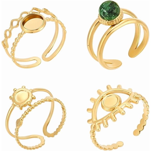 4Pcs Open Cuff Ring Blank Pad Ring 4 Styles 14k Gold Plated Bezel Cup Rings Stainless Steel Finger Rings Base Ring Round Base Bezel Tray for DIY