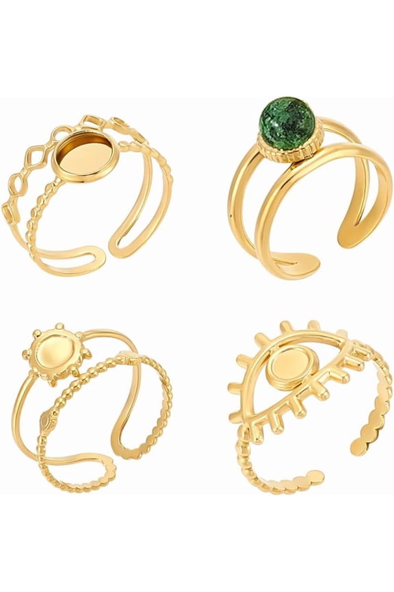 4Pcs Open Cuff Ring Blank Pad Ring 4 Styles 14k Gold Plated Bezel Cup Rings Stainless Steel Finger Rings Base Ring Round Base Bezel Tray for DIY