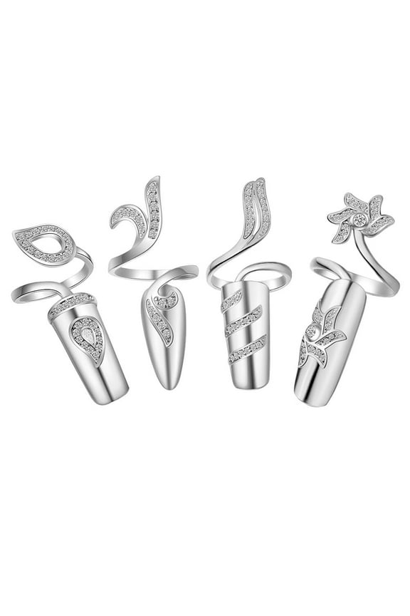 4Pcs Open Fingernail Rings Women Nail Decorative Rings Rhinestone Alloy Rings