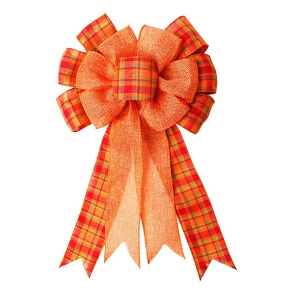 4Pcs Orange Buffalo Plaid Bow, Thanksgiving Wreath Bow Fall Bow Large Fall Wreath Gift Burlap Bow for Thanksgiving, Fall, Christmas, Front Door Wreath, Tree Topper, Home Indoor Outdoor Decorations