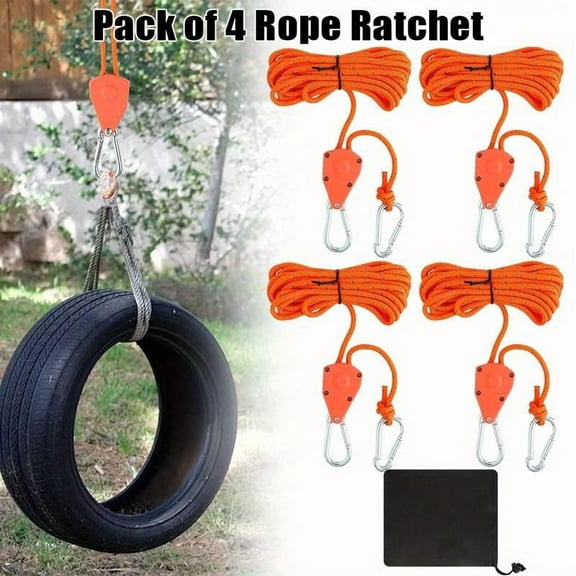 4Pcs Orange Rope Ratchet,Adjustable Ratchet Hangers 4 m,1/8 Inch,Pull Ratchet with Drawstring Bag,Reflective Guy Ropes Rope for Plant Lamp and Tents