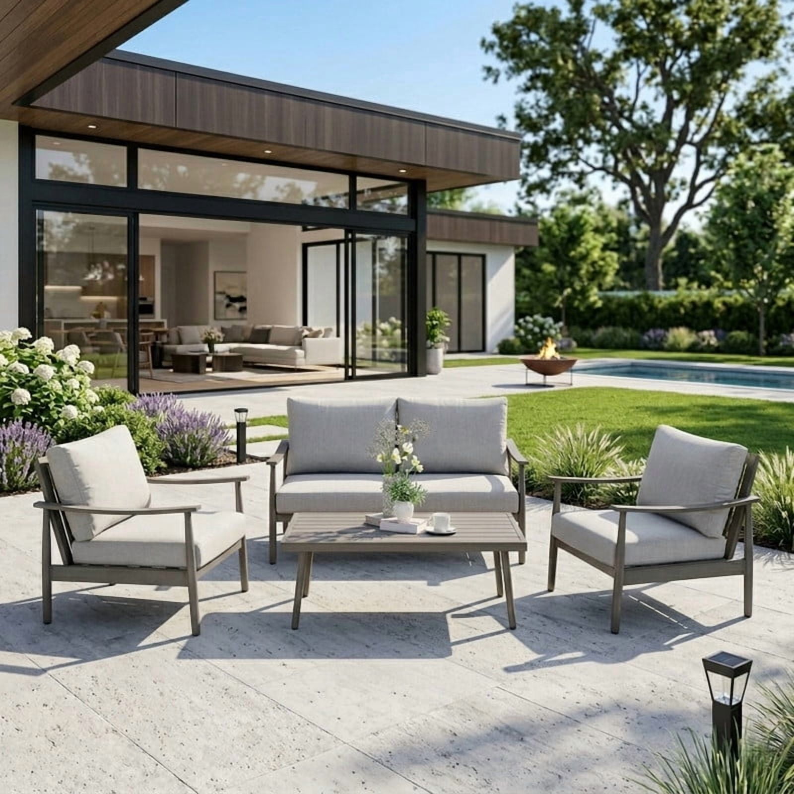 4Pcs Outdoor All-Weather Conversation Sets with Sofas & Coffee Table, Patio Aluminum Sectional Chat Sets, Gray