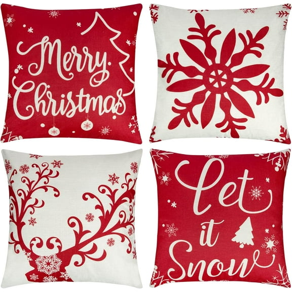 4Pcs Outdoor Christmas Pillows, Red Christmas Throw Pillows, Snowflakes Merry Christmas Let it Snow Deer Christmas Pillow Cases Holiday Pillow Covers 18x18 for Winter Home Decorations