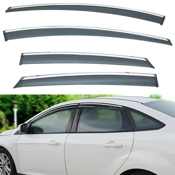 4Pcs Outside Mount Tape On/Clip On Type Smoke Tinted Sun/Rain Guard Vent Window Visors With Chrome Trim Compatible With 2012-2018 Focus All Models