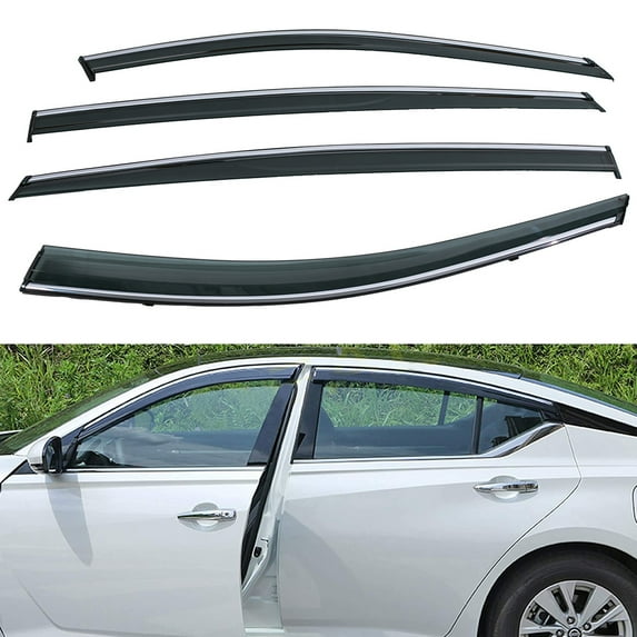 4Pcs Outside Mount Tape On/Clip On Type Smoke Tinted Sun/Rain Guard Vent Window Visors With Chrome Trim Compatible With 2019-2020 Altima