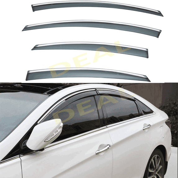4Pcs Outside Mount Tape On/Clip On Type Smoke Tinted Sun/Rain Guard Vent Window Visors With Chrome Trim Compatible With 11-14 Sonata YF All Models 15 Hybrid Only Fits select: 2011-2014 HYUNDAI SONATA