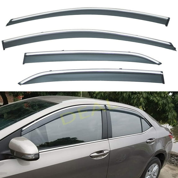 4Pcs Outside Mount Tape On/Clip On Type Smoke Tinted Sun/Rain Guard Vent Window Visors With Chrome Trim Compatible With 14-18 Corolla All Models Fits select: 2014-2019 TOYOTA COROLLA
