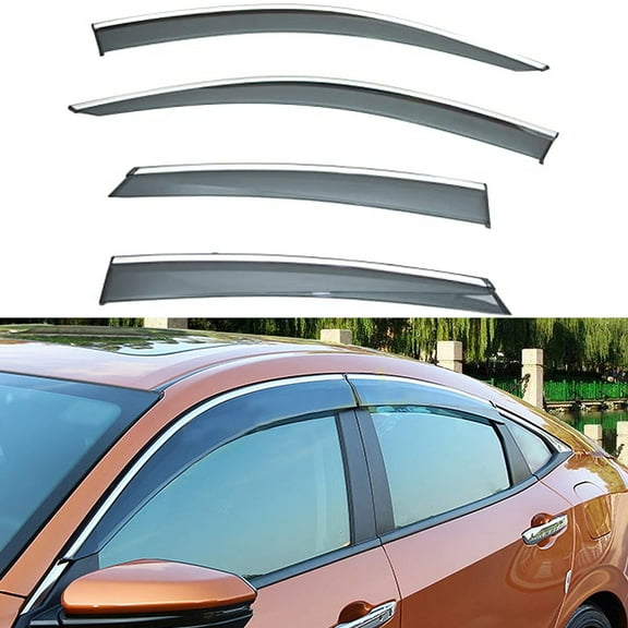 4Pcs Outside Mount Tape On/Clip On Type Smoke Tinted Sun/Rain Guard Vent Window Visors With Chrome Trim Compatible With 2016-2020 Honda Civic 4-Door Sedan Only