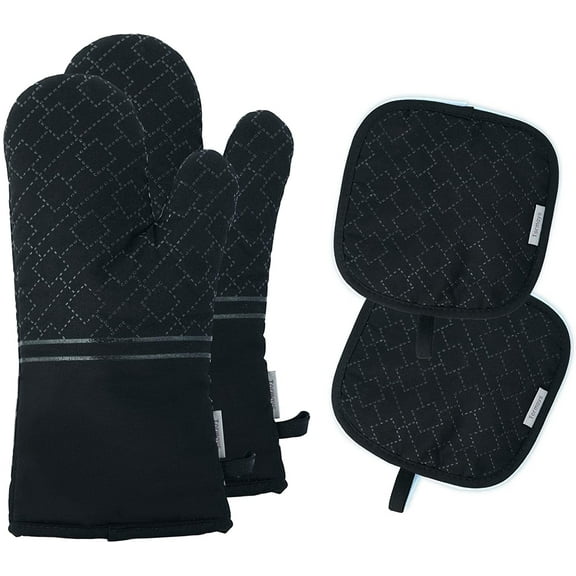 4Pcs Oven Mitts and Pot Holders Set, 572F Heat Resistant Oven Glove, Soft Cotton Lining with Non-Slip Surface for Kitchen Baking BBQ (Black)