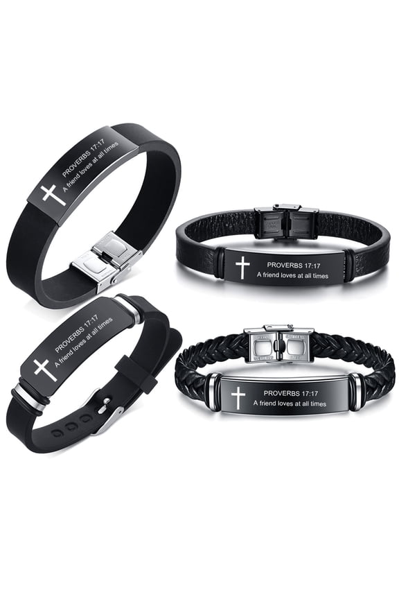 4Pcs PROVEZHNS 17 17 Men's Inspirational Bible Verse Bracelets Leather Silicone Cuff Bracelet Black Wristband Scripture Quote ID Jewelry Easter Baptism Confirmation Gift for Daily Reminder