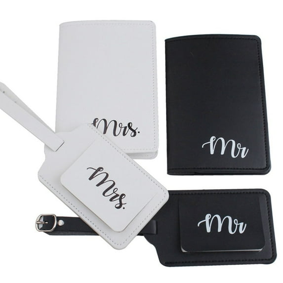 4Pcs PU Leather Mr Mrs Luggage Tags Passport Covers for Couples Travel Honeymoon Wedding Bridal Shower Gift