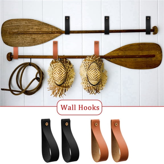 4Pcs PU Leather Wall Hooks Wall Hanging Straps PU Leather Curtain Rod Holder Towel Holders for Wall Faux Leather Strap Hanger Wall Mounted PU Leather Hooks for Towel Bathroom Kitchen