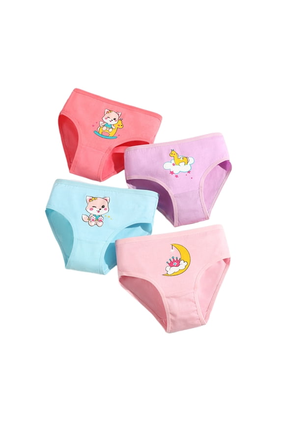 4Pcs/Pack Little Girls Underwear Briefs Panty Cartoon Pattern Soft Breathable Elastic Cotton Girls Briefs