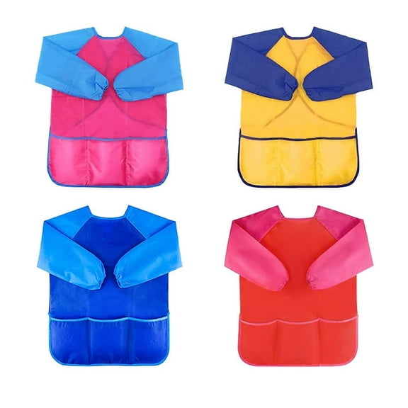4Pcs Painting Aprons for 3-8 Years Kids ,Waterproof Art Smocks, Long Sleeve with 3 Pockets(Pink,Yellow,Red,Blue)