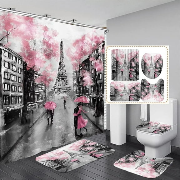 4Pcs Paris Eiffel Tower Pink Shower Curtain Sets Bathroom Set Decor with Non-Slip Rugs Bath U-Shaped Mat Toilet Lid Cover Waterproof Valentine Bathroom Curtains Shower Set with 12 Hooks