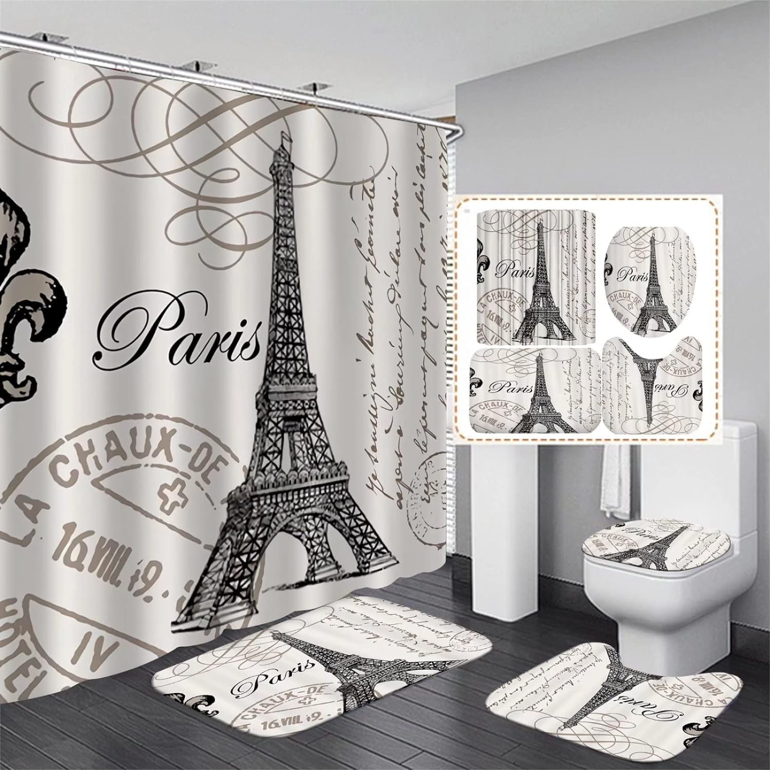 Pcs Paris Eiffel Tower Shower Curtain Sets Bathroom Set Decor with Non-Slip Rugs Bath U-Shaped Mat Toilet Lid Cover Waterproof Vintage Word Art Bathroom Curtains Shower Set with 12 Hooks