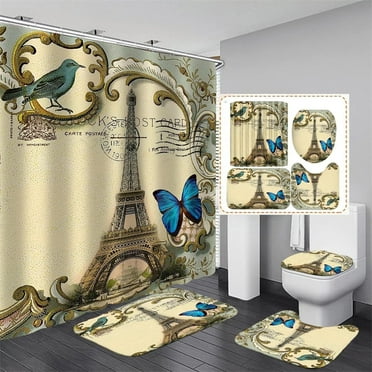 4Pcs Paris Eiffel Tower Pink Shower Curtain Sets Bathroom Set Decor with Non-Slip Rugs Bath U-shaped Mat Toilet Lid Cover Waterproof Valentine Bathroom Curtains Shower Set with 12 Hooks