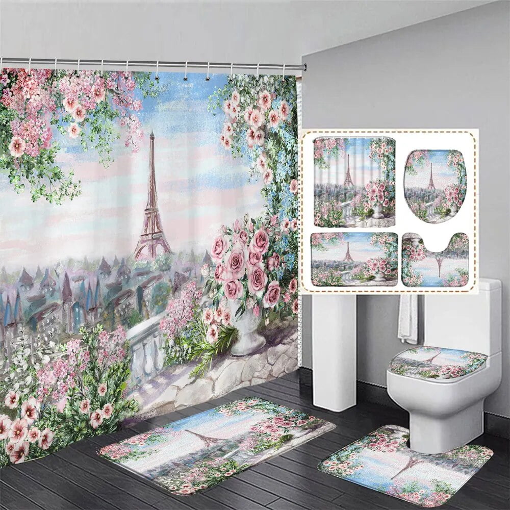 4Pcs Paris Eiffel Tower Pink Shower Curtain Sets with Non-Slip Rugs ...