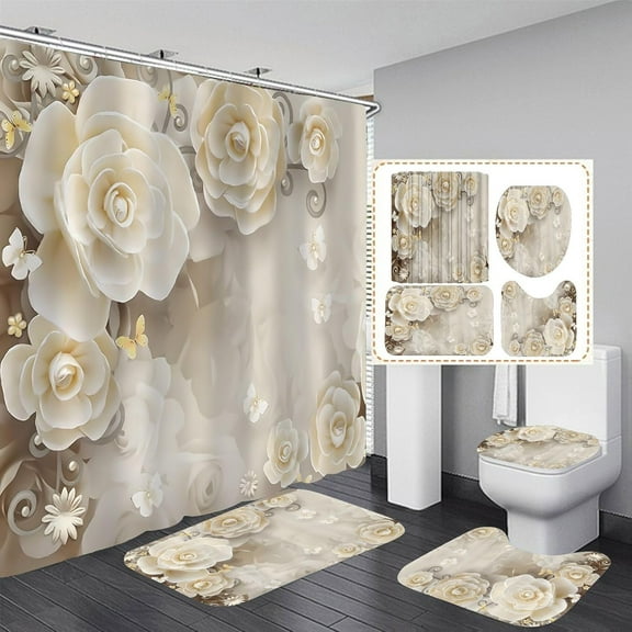 4Pcs Paris Eiffel Tower Shower Curtain Sets Bathroom Set Decor with Non-Slip Rugs Bath U-Shaped Mat Toilet Lid Cover Waterproof Vintage Word Art Bathroom Curtains Shower Set with 12 Hooks