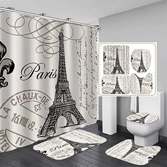 4Pcs Paris Eiffel Tower Shower Curtain Sets Bathroom Set Decor with Non-Slip Rugs Bath U-Shaped Mat Toilet Lid Cover Waterproof Vintage Word Art Bathroom Curtains Shower Set with 12 Hooks