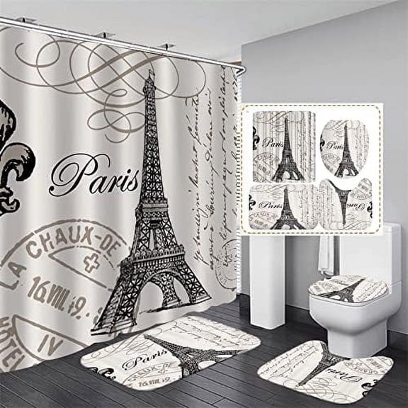 4Pcs Paris Eiffel Tower Shower Curtain Sets Bathroom Set Decor with Non-Slip Rugs Bath U-Shaped Mat Toilet Lid Cover Waterproof Vintage Word Art Bathroom Curtains Shower Set with 12 Hooks