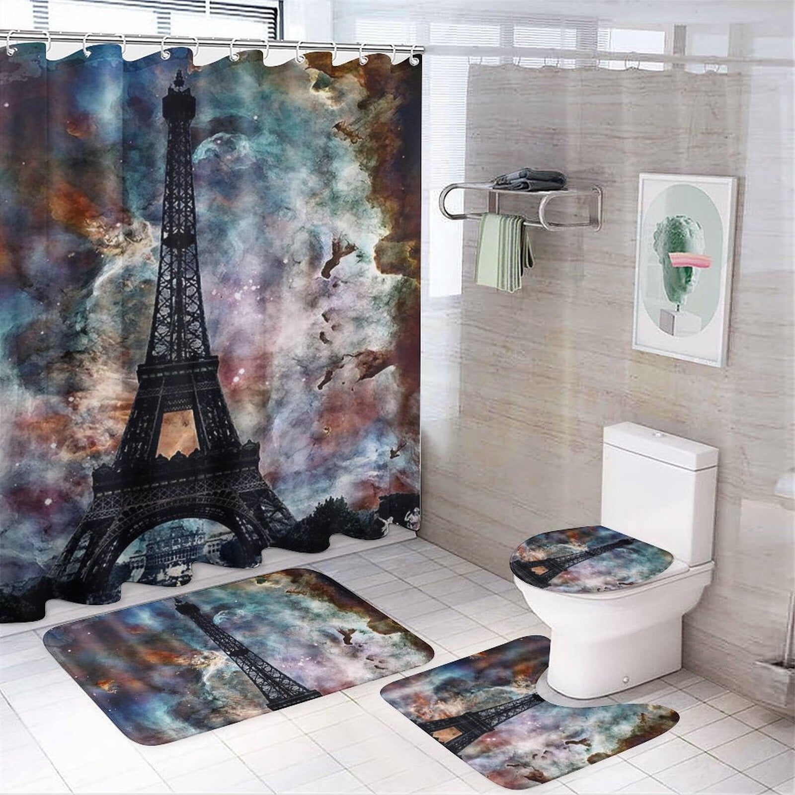 4Pcs Paris Eiffel Tower Bathroom Accessory Set with NonSlip Rugs