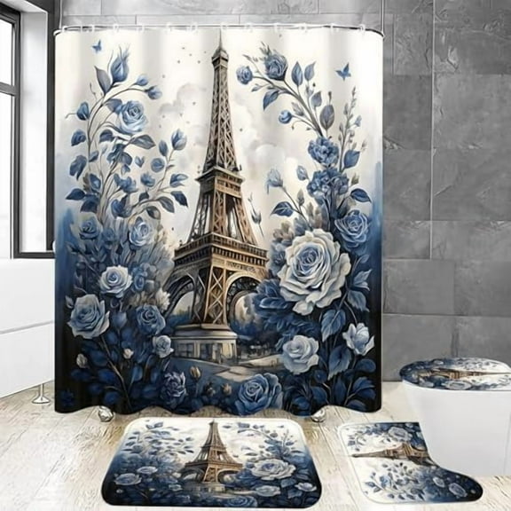 4Pcs Paris Eiffel Tower Shower Curtain Sets The Blue Rose Bathroom Set Decor with Non-Slip Rugs Bath U-Shaped Mat Toilet Lid Cover Waterproof Floal Bathroom Curtains Shower Set with 12 Hooks