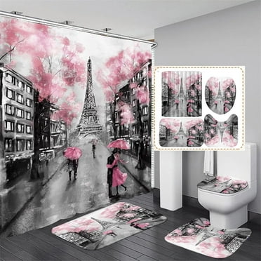 4Pcs Paris Eiffel Tower Shower Curtain Sets Red Lip Print Bathroom Set Decor with Non-Slip Rugs Bath U-shaped Mat Toilet Lid Cover Waterproof Sexy Bathroom Curtains Shower Set with 12 Hooks