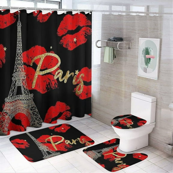 4Pcs Paris Eiffel Tower Shower Curtain Sets Red Lip Print Bathroom Set Decor with Non-Slip Rugs Bath U-shaped Mat Toilet Lid Cover