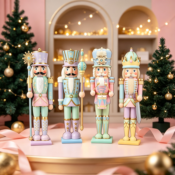 4Pcs Pastel Christmas Nutcracker Set Pink Soldier Figurine Cute Wooden Puppet Ornament Accent for Mantle Table Party Present