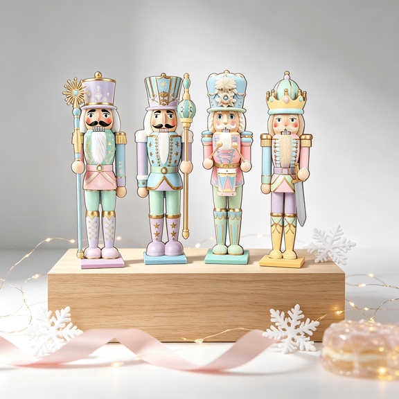 4Pcs Pastel Nutcracker Set Christmas Soldier Figurine Soft Color Wooden Puppet Accent for Tabletop Holiday Home Display