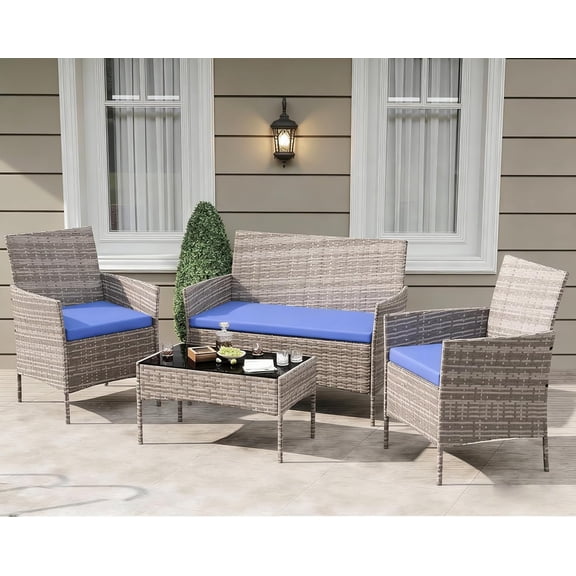 4Pcs Patio Furniture Set, Rattan Outdoor Furniture with Upholstered Sofa, 2 Chairs & Coffee Table, Modern Conversation Bistro Set for Garden Backyard Porch (Grey and Blue)