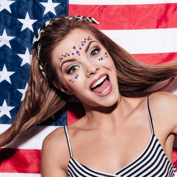 4Pcs Patriotic Face Jewels Stickers, Long-Lasting Star Eye Gems Sticker, 4th of July Crystal Face Gem Decoration for Independence Day Party Costume Cosplay Makeup Accessory