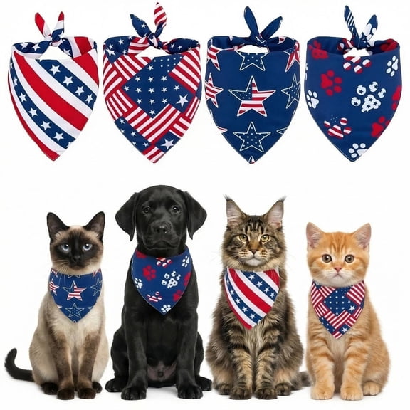 4Pcs Patriotic Pet Bandana for Dogs Cats - Scarf with USA Stars & Stripes Design, Washable Independence Day Accessory for Small Medium Large Pets, Holiday Party Decor for 4th of July