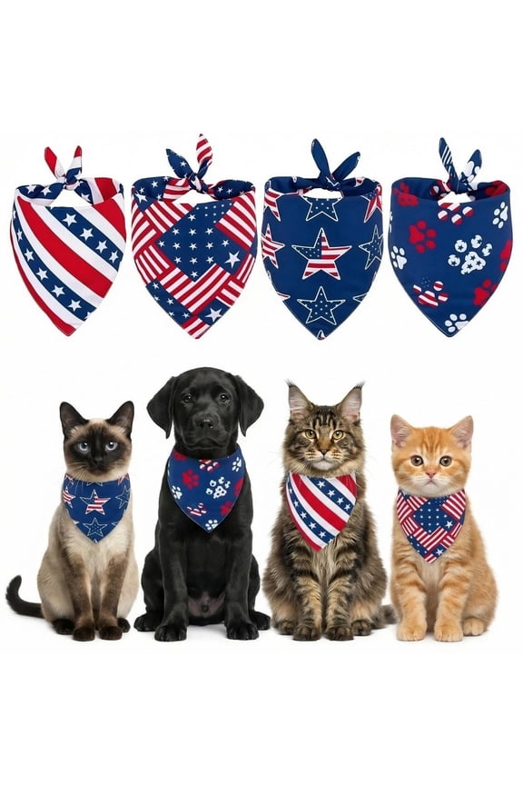 4Pcs Patriotic Pet Bandana for Dogs Cats - Scarf with USA Stars & Stripes Design, Washable Independence Day Accessory for Small Medium Large Pets, Holiday Party Decor for 4th of July